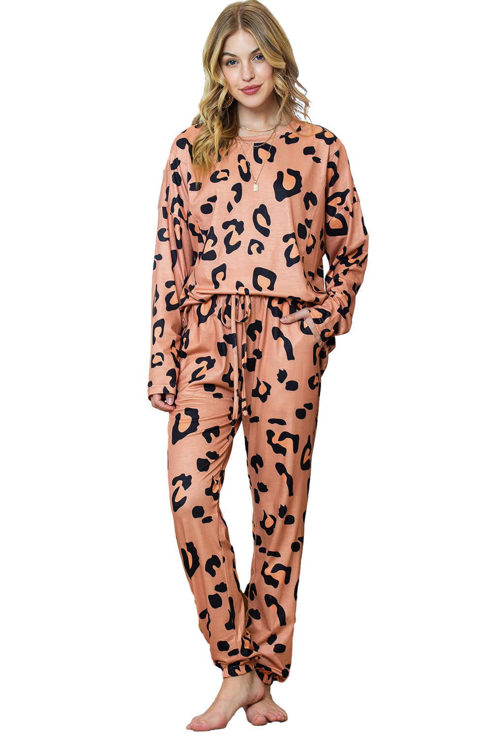 Set top a maniche lunghe leopardato castano chiaro e pantaloni con coulisse