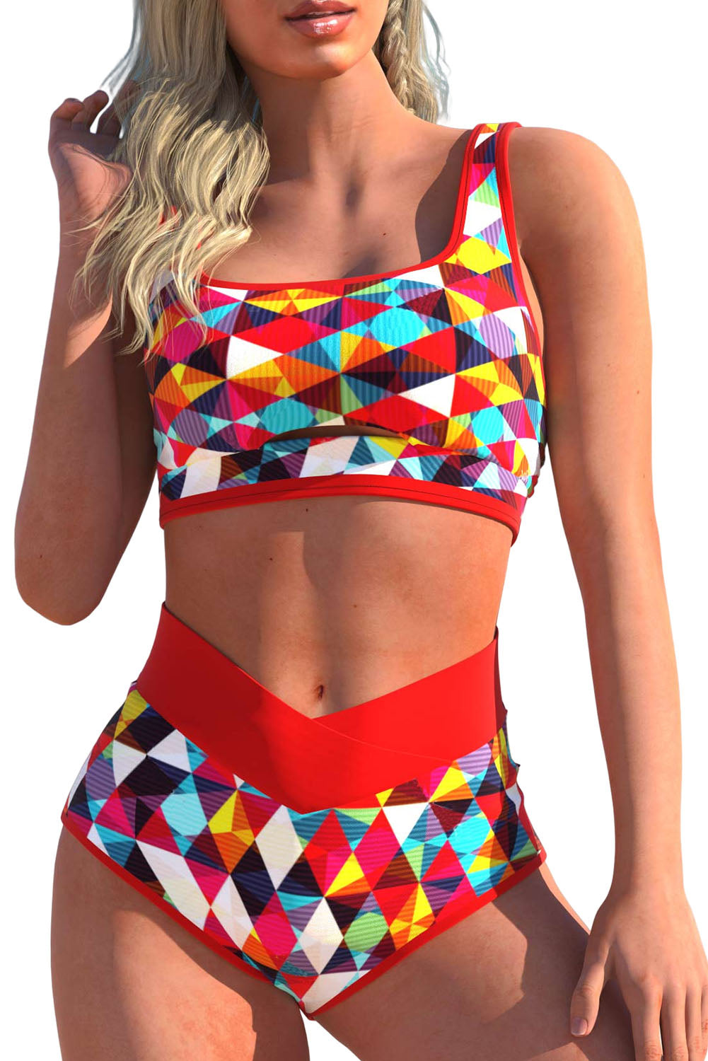 Feuriger roter 2-teiliger Bikini mit geometrischem Print und Kerbe und hoher Taille
