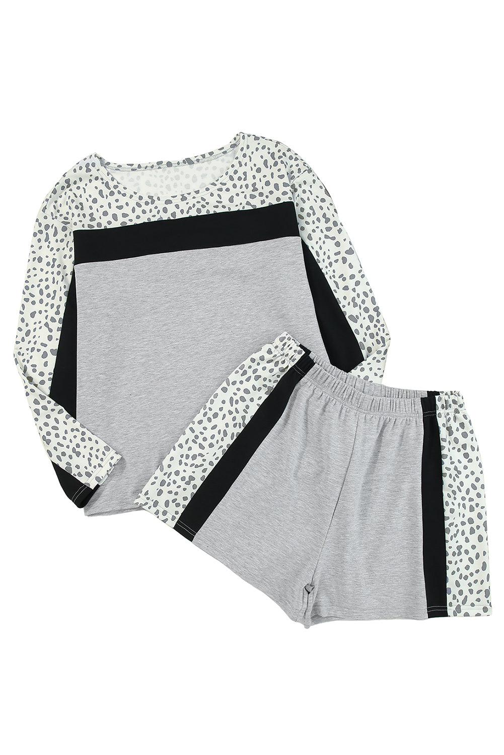 Graues Set aus Pullover und Shorts im Leoparden-Farbblock-Patchwork