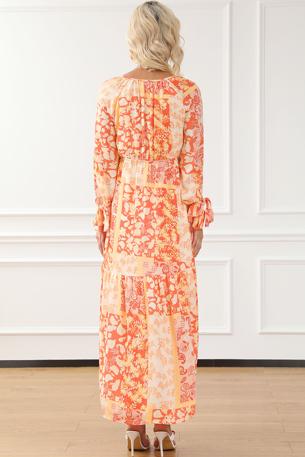 Robe portefeuille à fleurs style Boho orange, col en V, cravate, manches longues