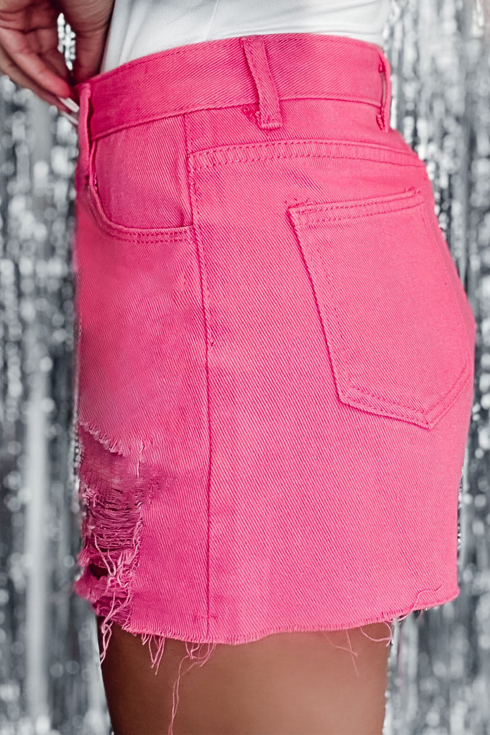 Rose - Short en jean taille haute coupe slim effet vieilli