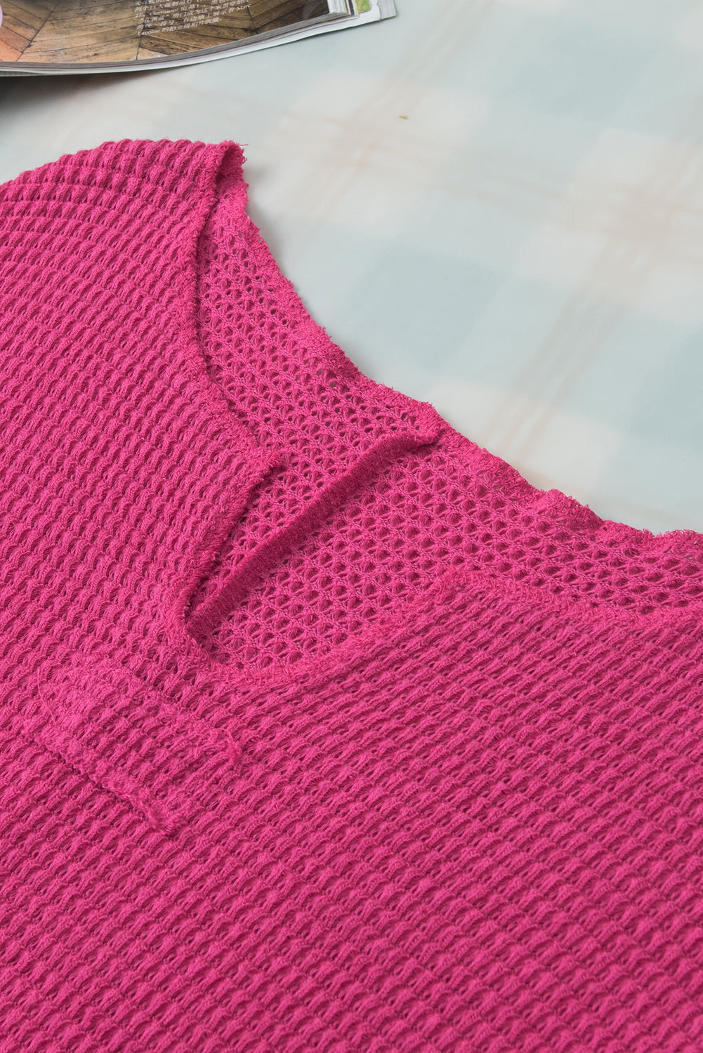 Strawberry Pink Textured Knit Split Neck Cuffed Short Sleeve Top