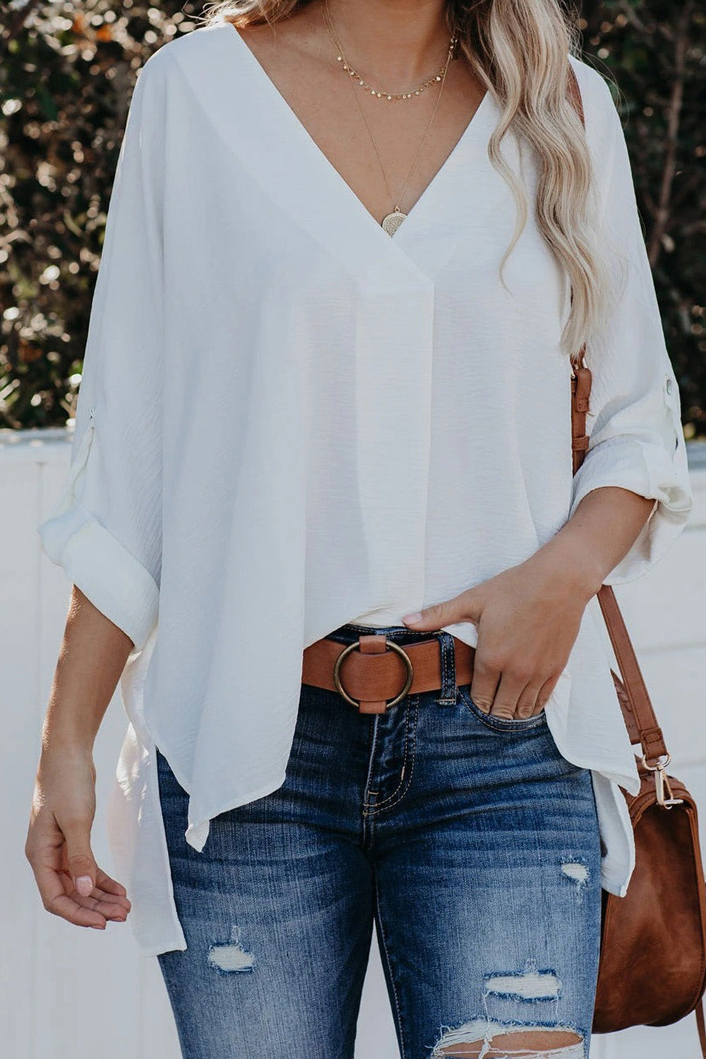 Blue V Neck 3/4 Sleeve High Low Hem Shirt