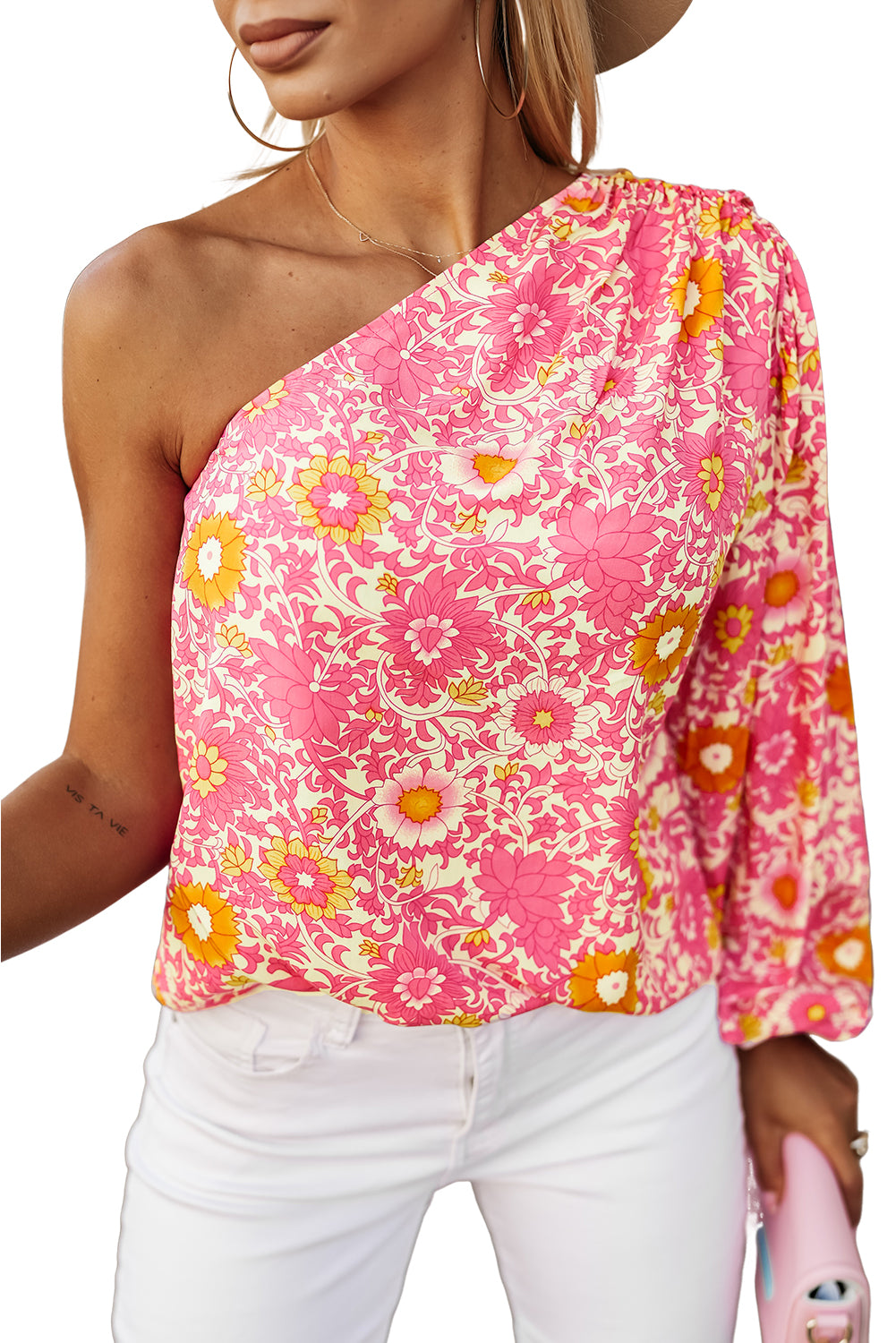 Pink Floral One Shoulder Pleated Bubble Sleeve Blouse