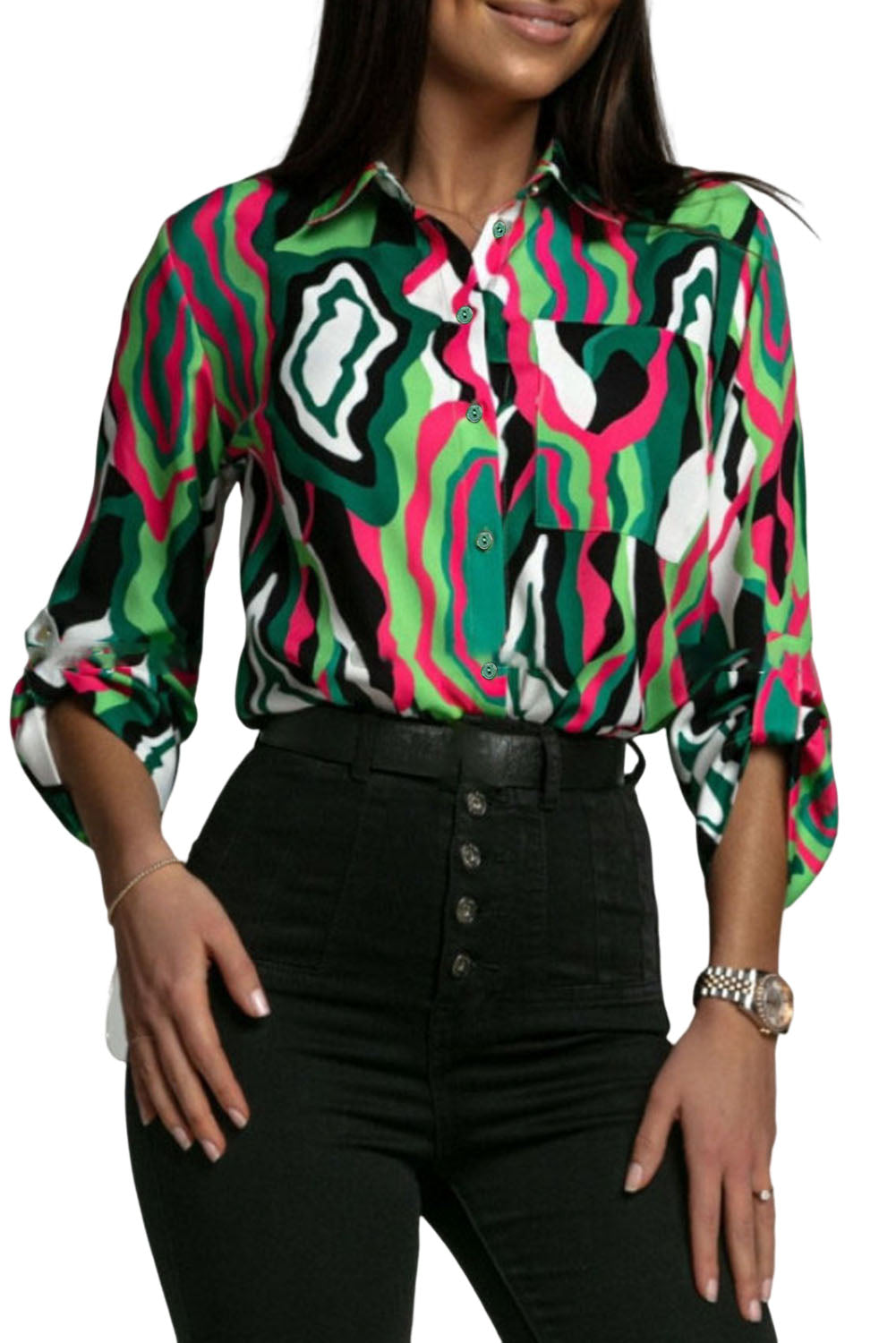 Zelena košulja s kratkim rukavima i džepovima na prsima s apstraktnim printom