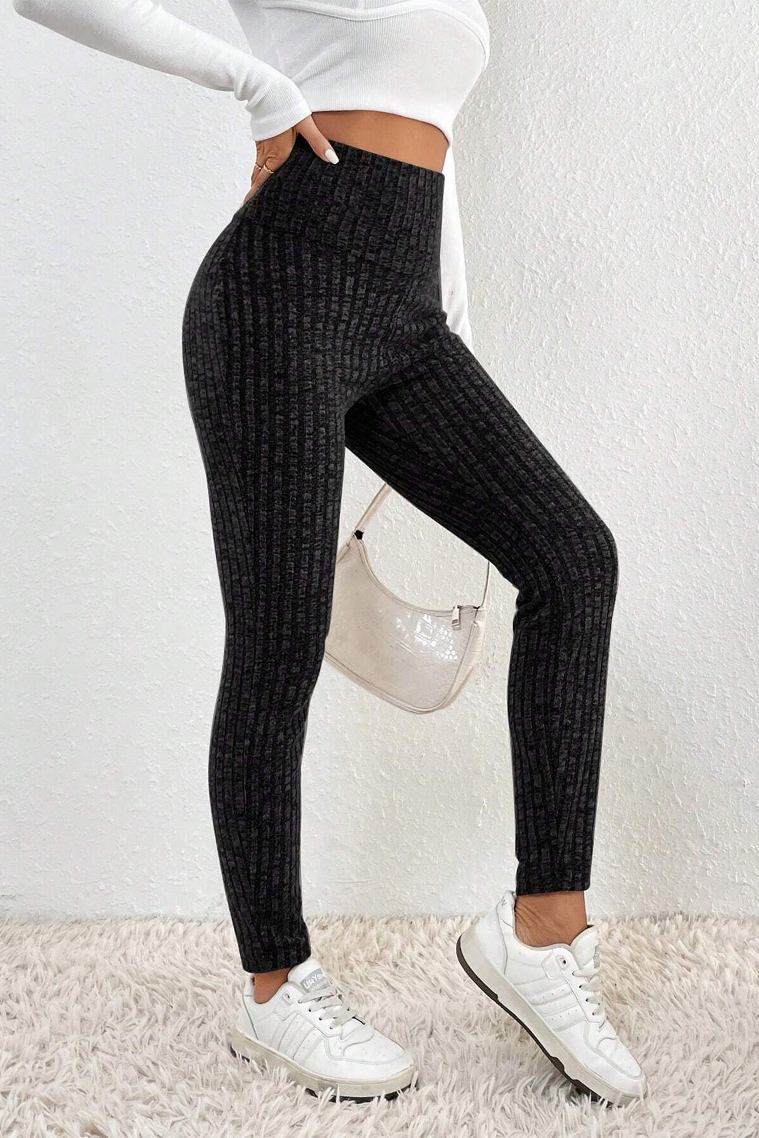 Legging noir en tricot texturé côtelé à large taille