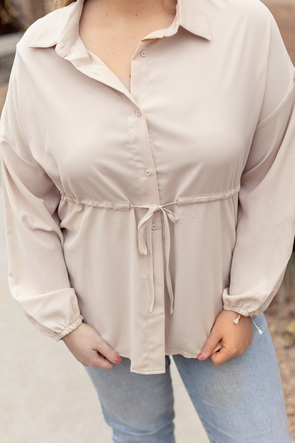 Light French Beige Plus Size Puff Sleeve Tied Tunic Shirt