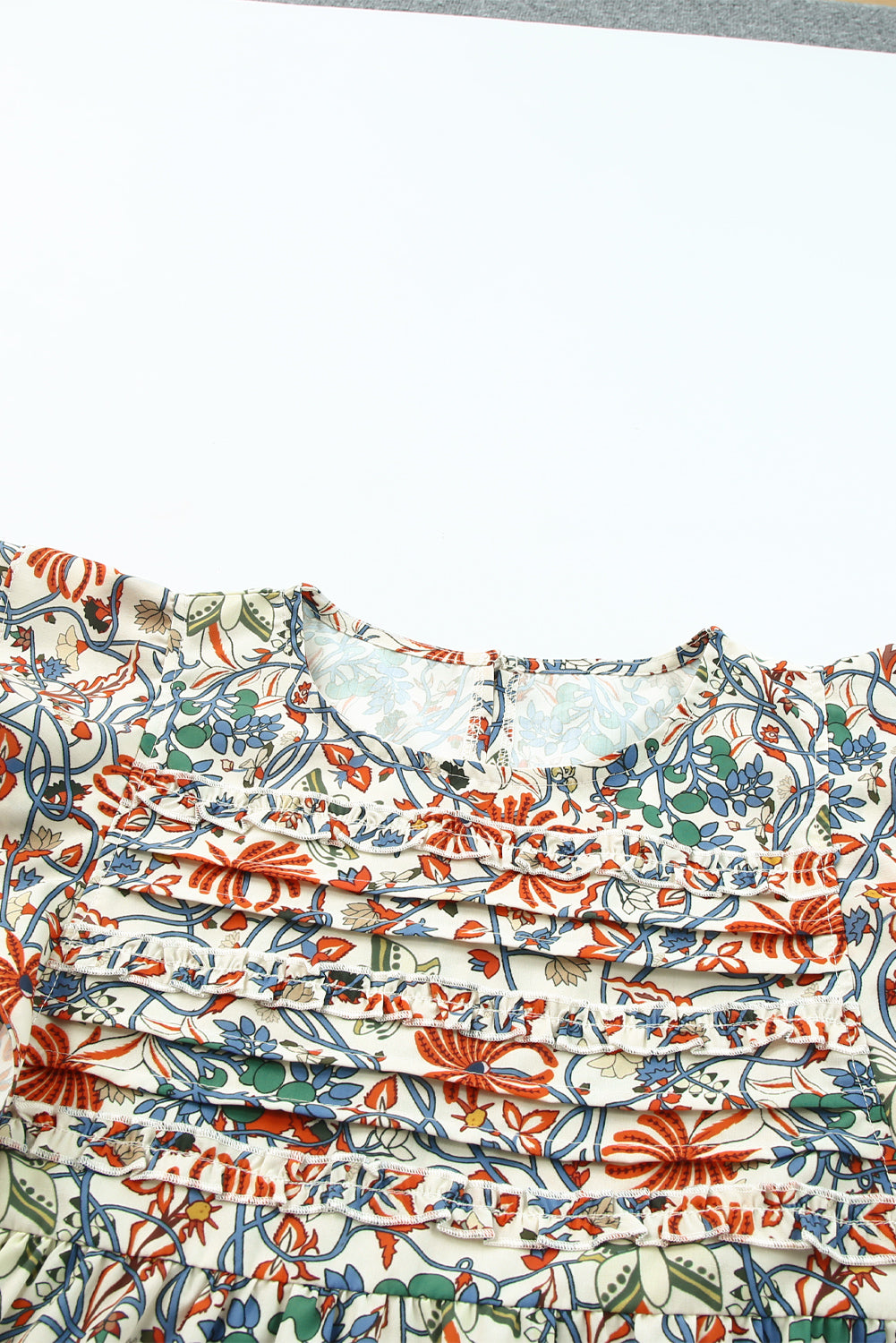 Mehrfarbige Vintage-Bluse mit gerafften Rüschenärmeln und Blumenmuster