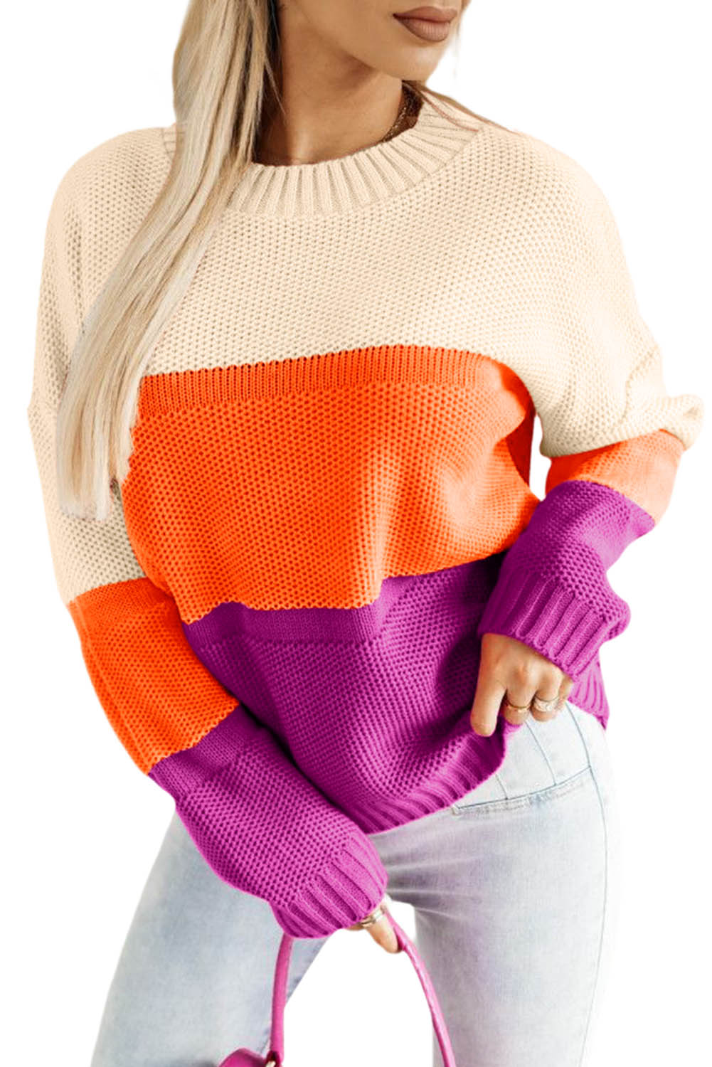 Pull en tricot marron à rayures et blocs de couleurs avec épaules tombantes et col rond