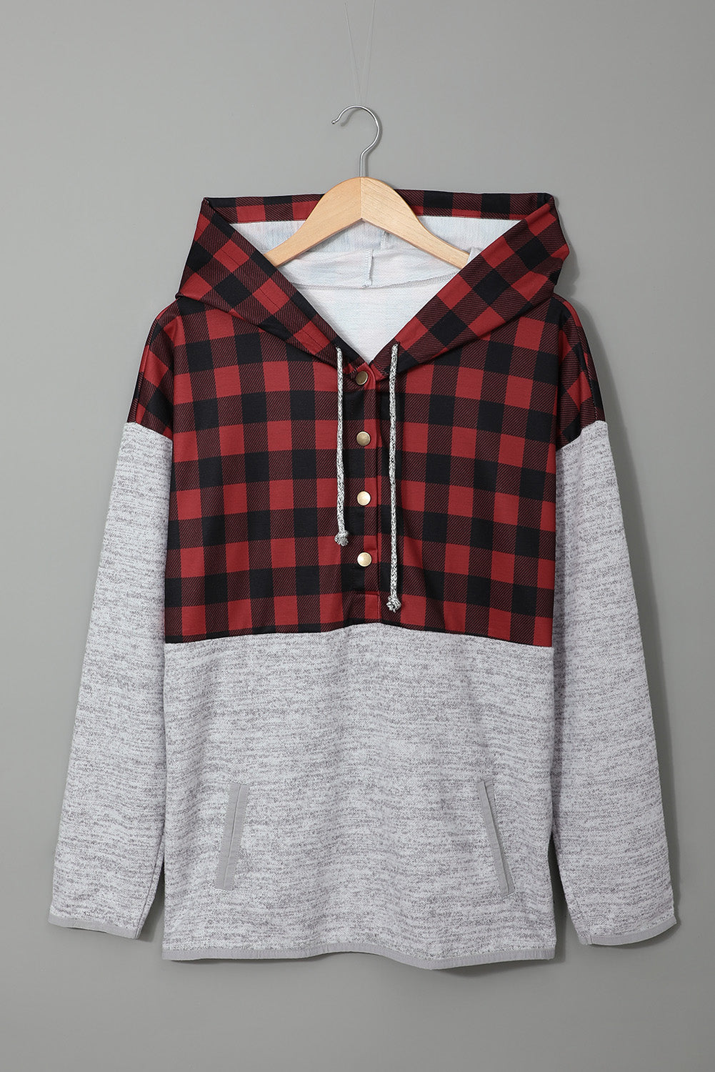 Fiery Red Plaid Splicing Pocketed Gray Hoodie