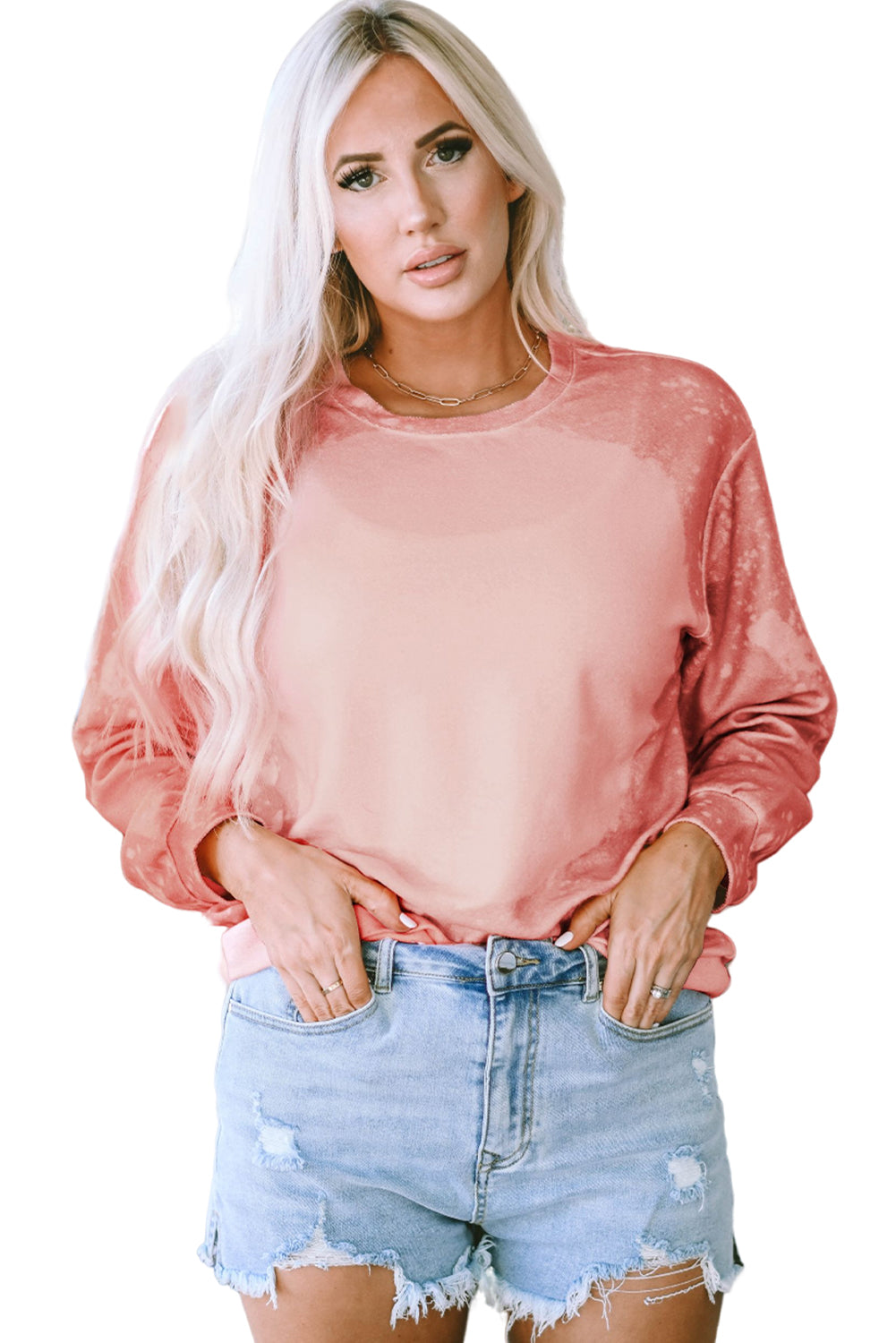 Roza beljen pulover z okroglim izrezom