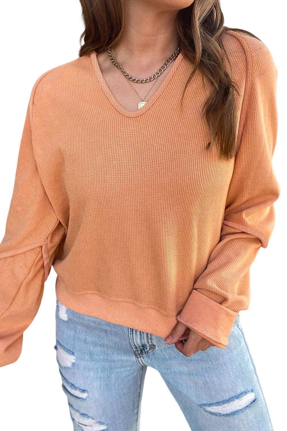 Orange Solid Long Sleeve V Neck Corded Top