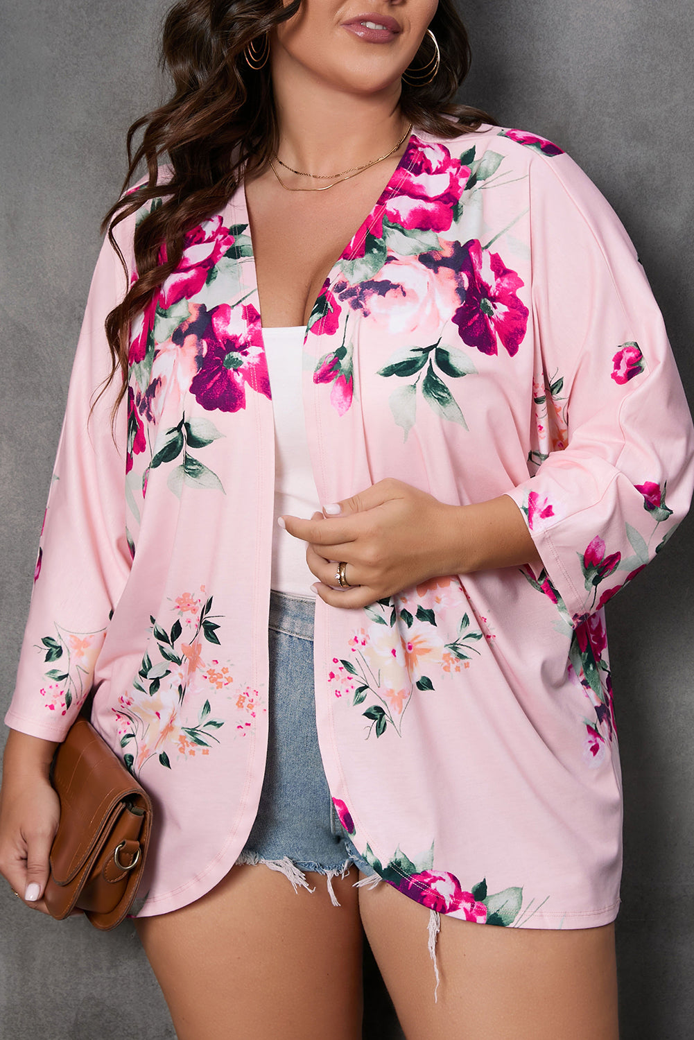 Ružičasti kimono veće veličine s cvjetnim printom