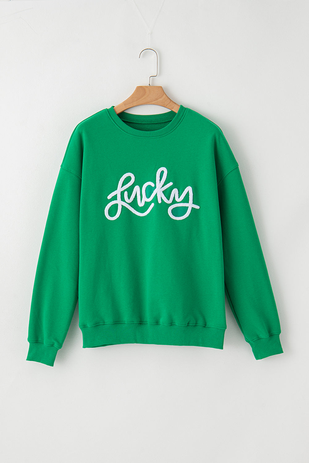 Grünes LUCKY Aphabet Chenille besticktes Pullover-Sweatshirt