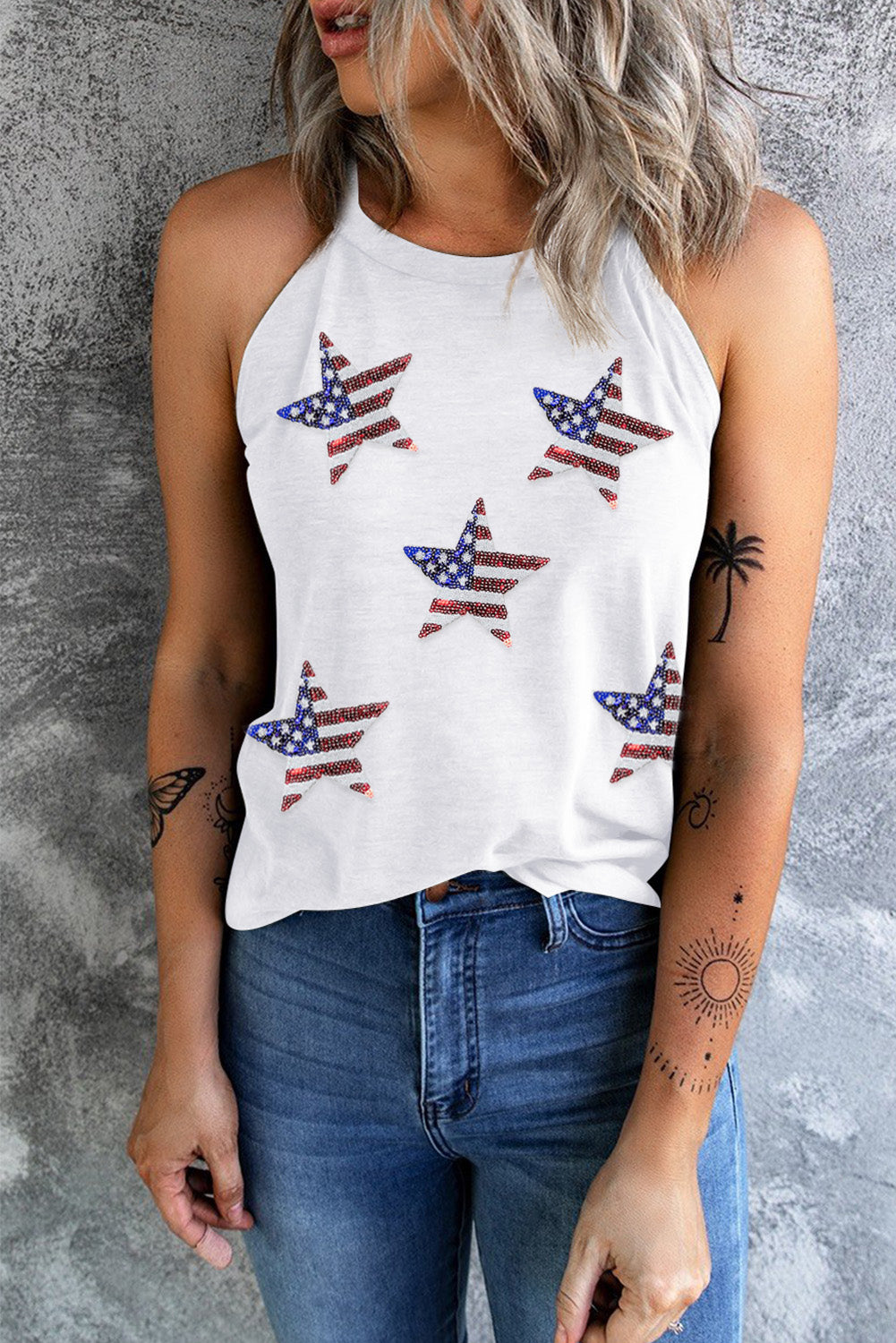 White Sequined American Flag Star Graphic Tank Top