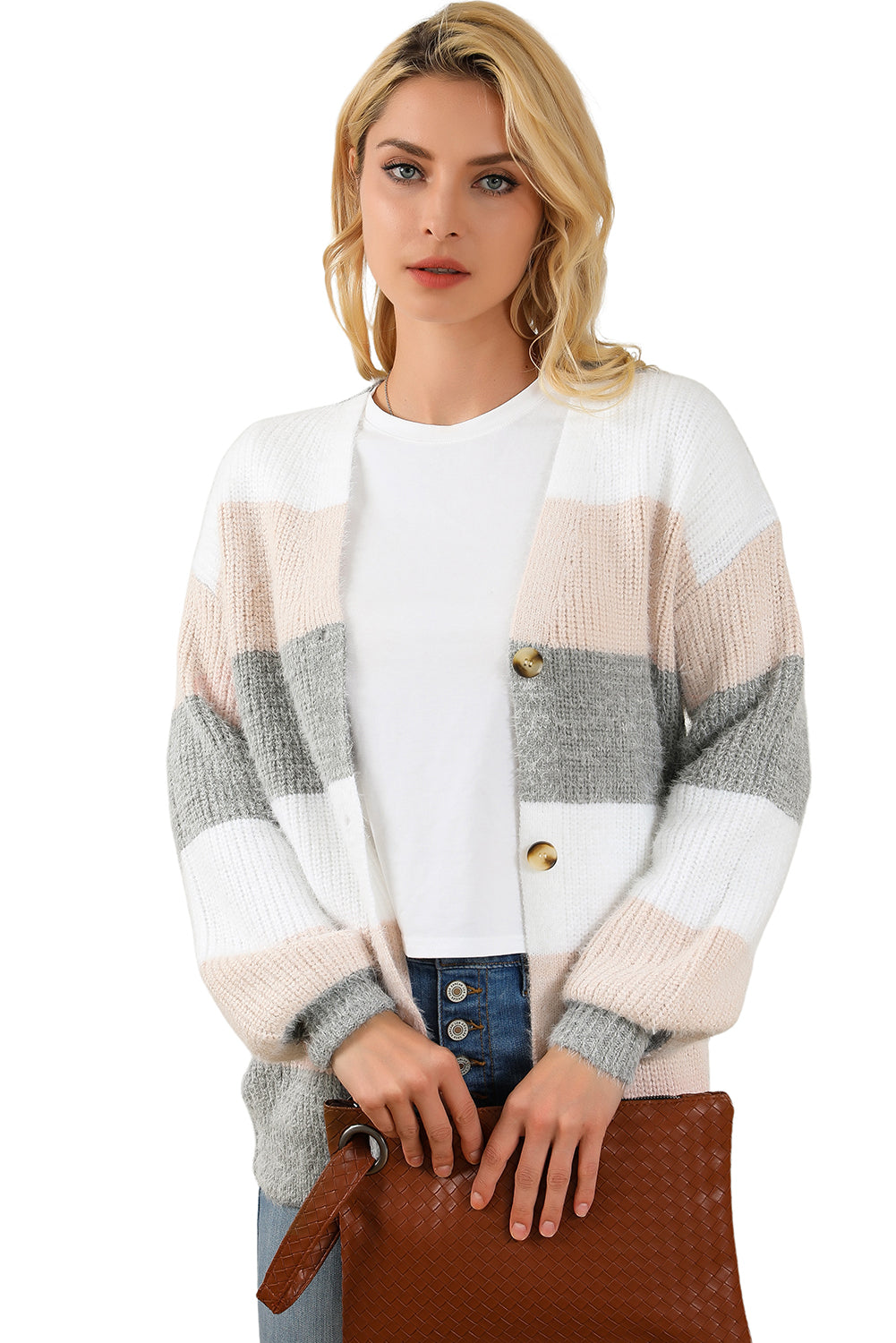 Cardigan en tricot pelucheux à rayures et blocs de couleurs boutonnés sur le devant