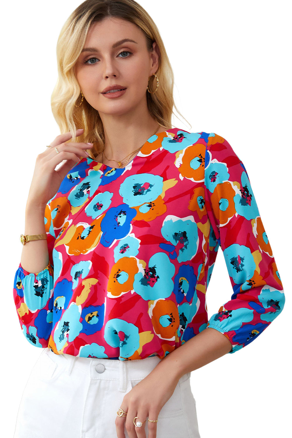Rosafarbene, mehrfarbige Bluse mit Blumenmuster und V-Ausschnitt und 3/4-Ärmeln