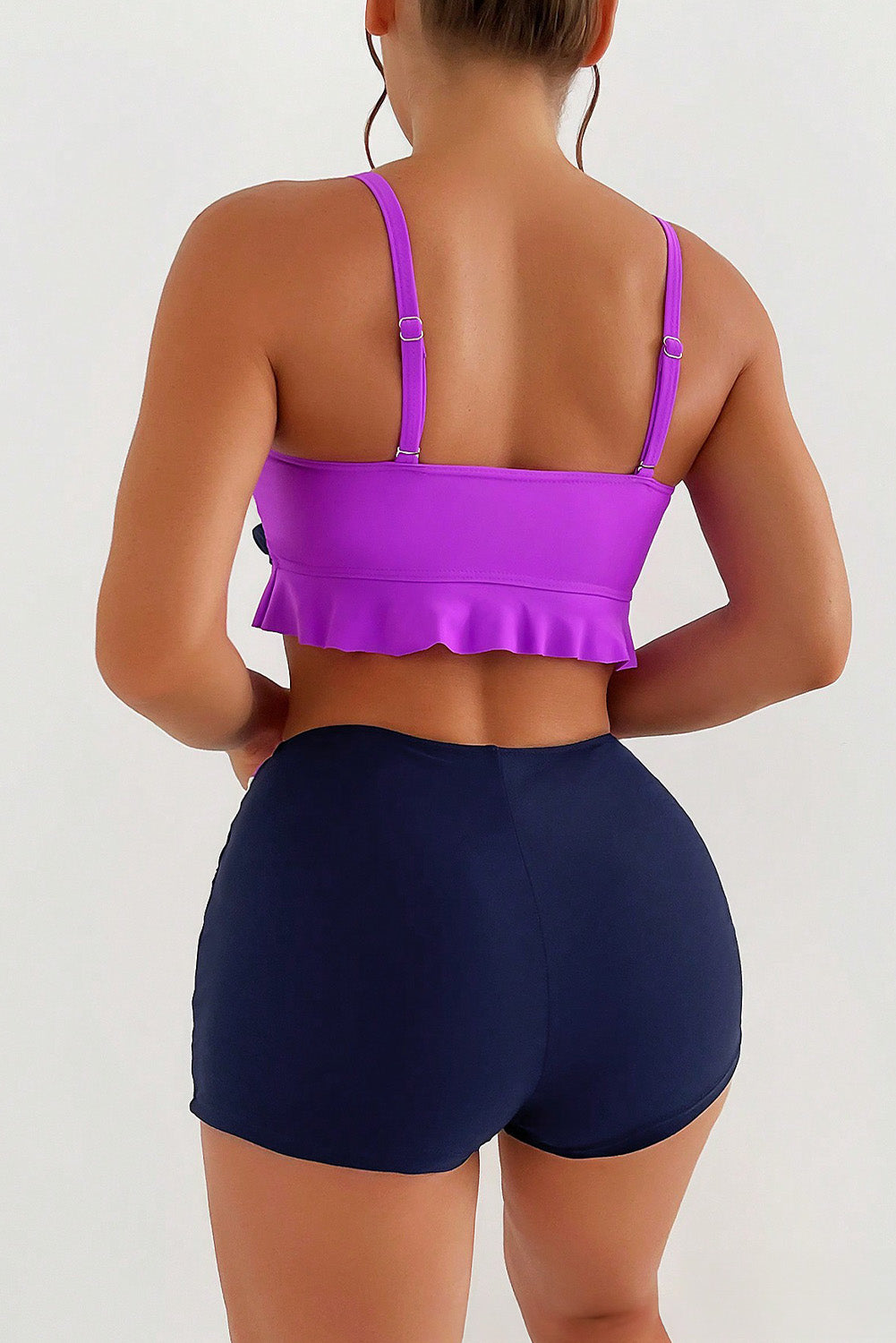 Bikini short à volants et cordon de serrage violet foncé color block