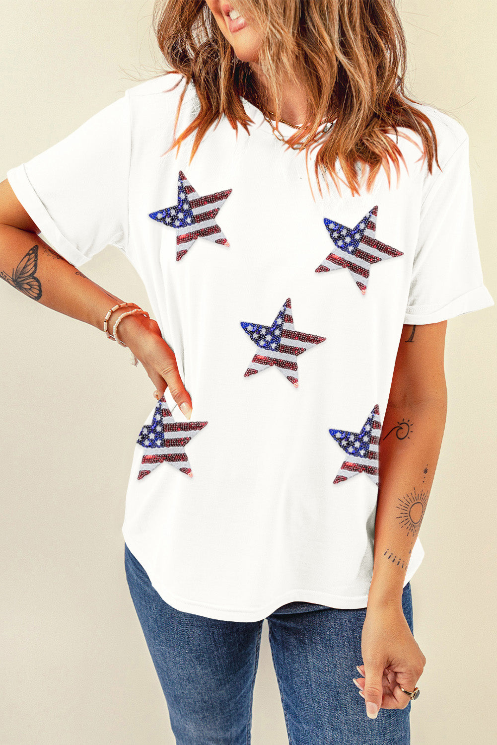Weißes, paillettenbesetztes T-Shirt mit Sternengrafik und amerikanischer Flagge