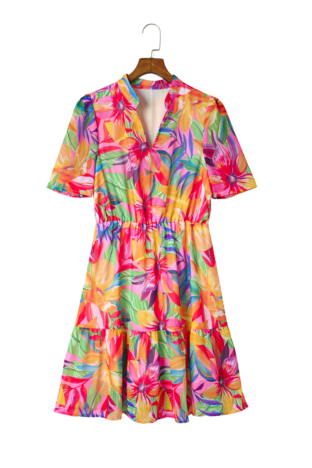 Mehrfarbiges Sommerkleid mit Blumendruck und V-Ausschnitt und kurzen Ärmeln