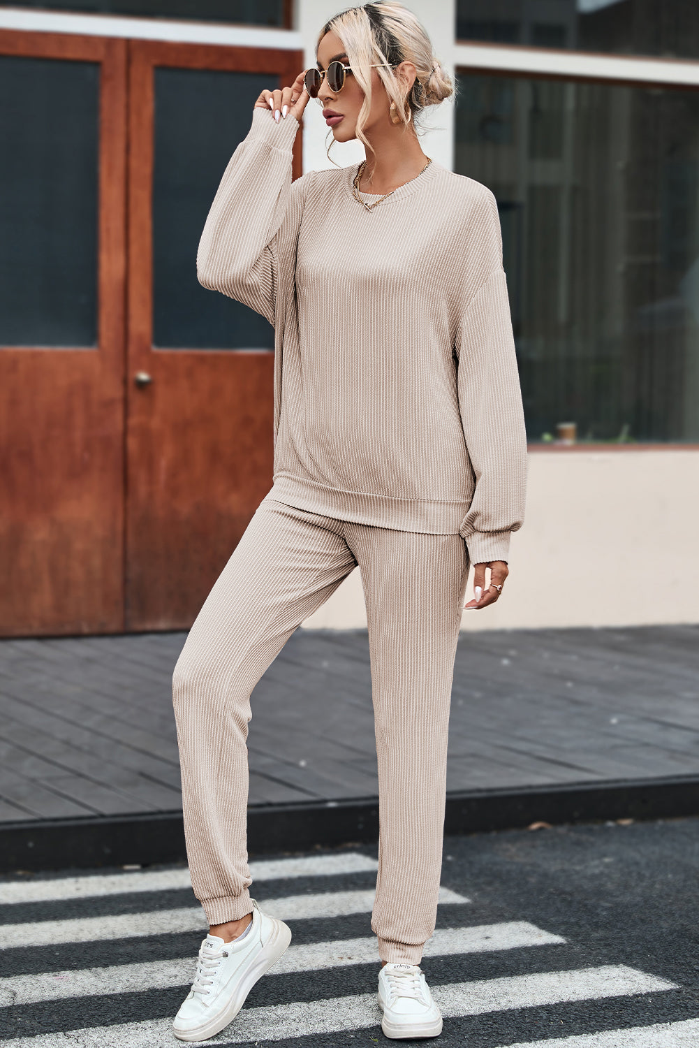 Apricot Pocketed Drop Shoulder Corded Sweat Suit