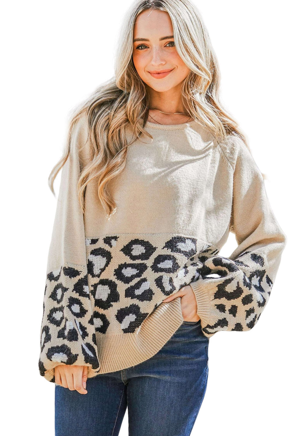 Kaki leopard patchwork pleteni pulover s puf rukavima