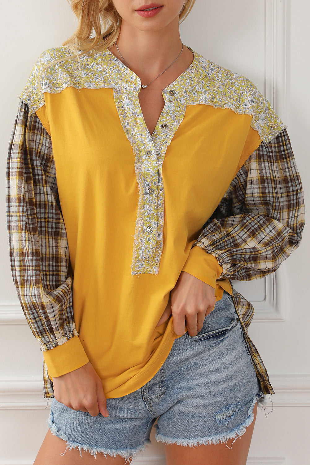 Yellow Floral Plaid Mixed Print Bishop Sleeve Patchwork Top