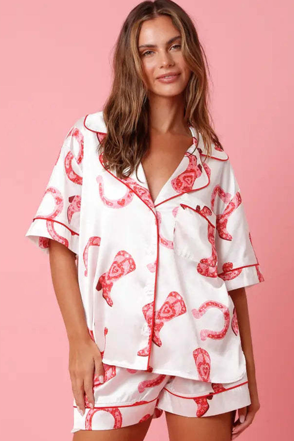 White Full Pattern Shirt and Shorts Satin Pajama Set