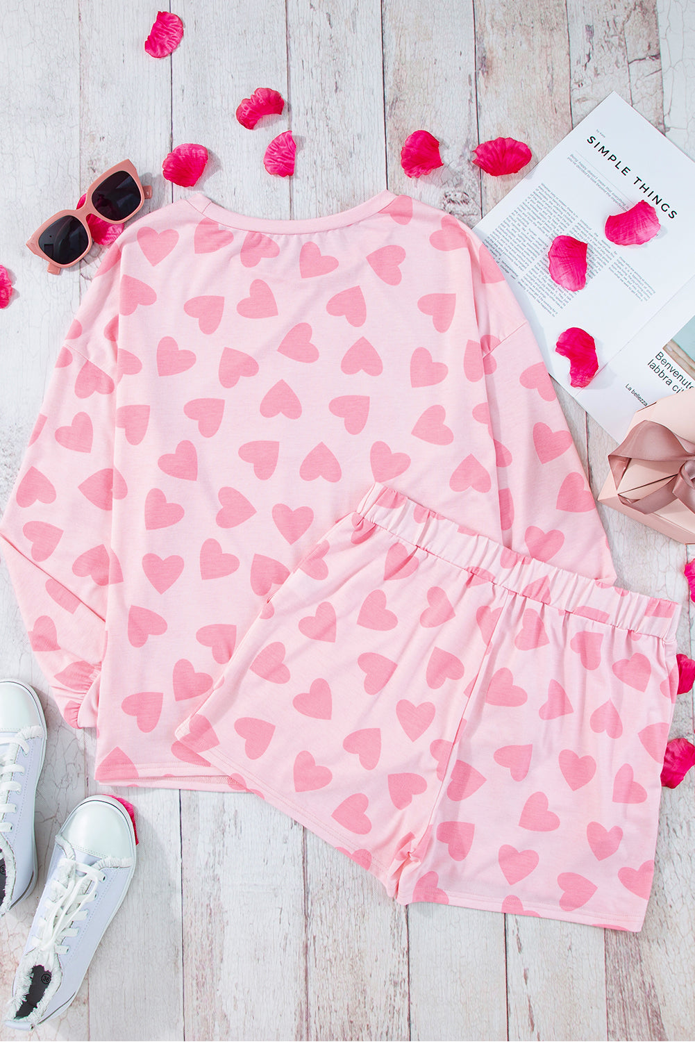 Set da salotto con pantaloncini a maniche lunghe con stampa a forma di cuore rosa di San Valentino