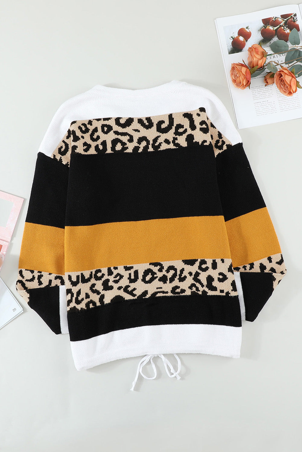 Crewneck Leopard Color Block Knit Pullover Sweater