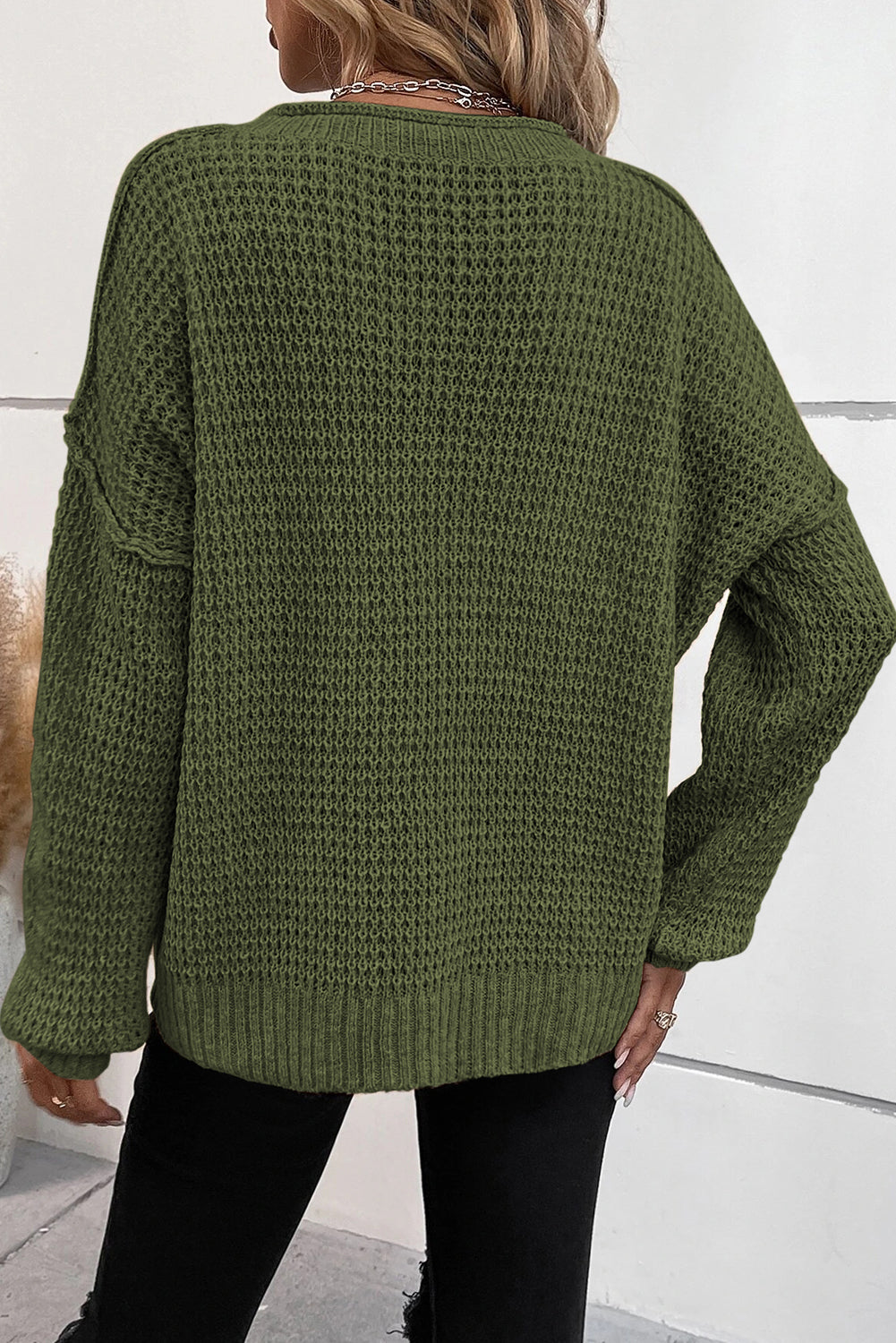 Black Pointelle Knit Button V Neck Drop Shoulder Sweater