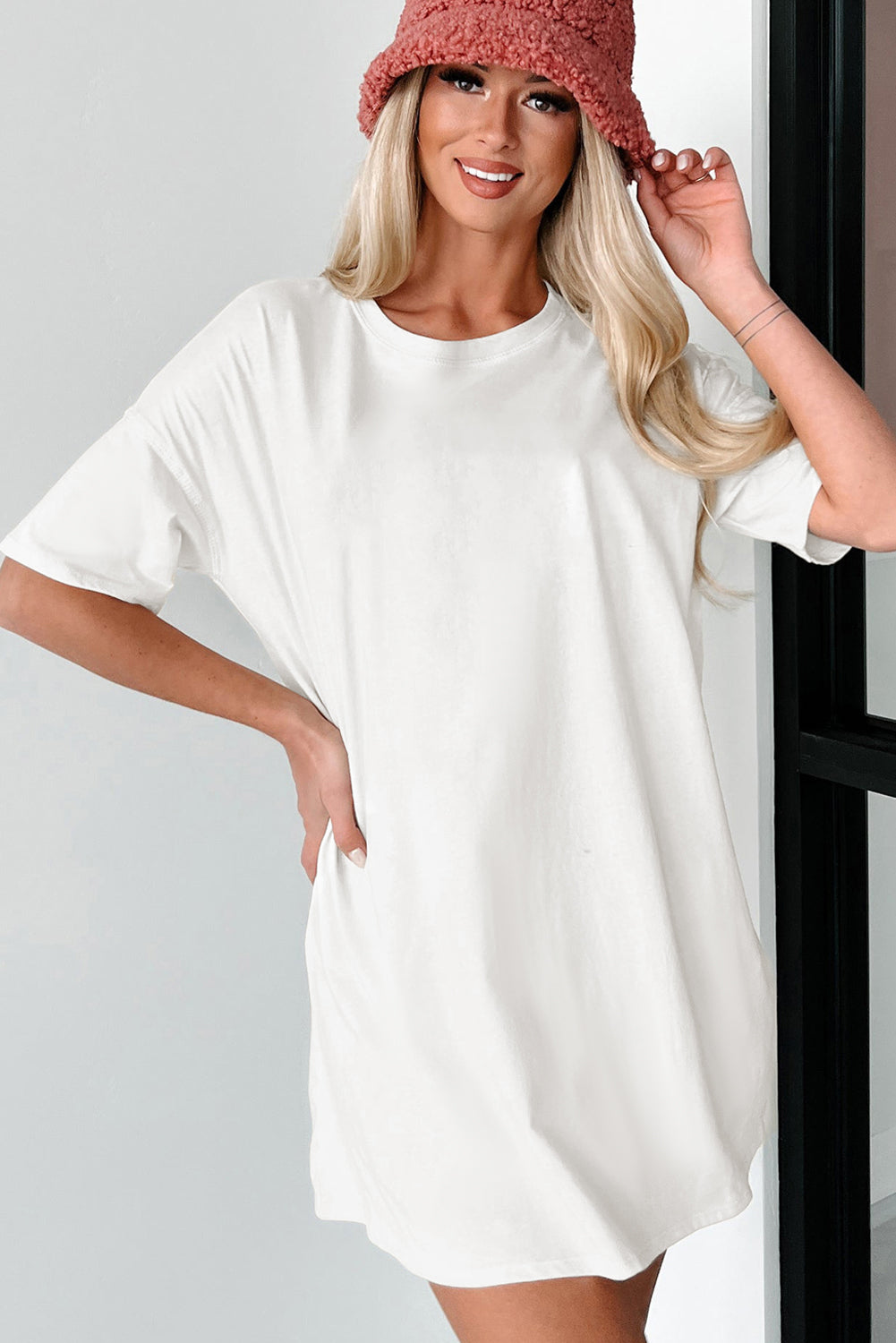 White Solid Color Round Neck Basic Tunic T Shirt