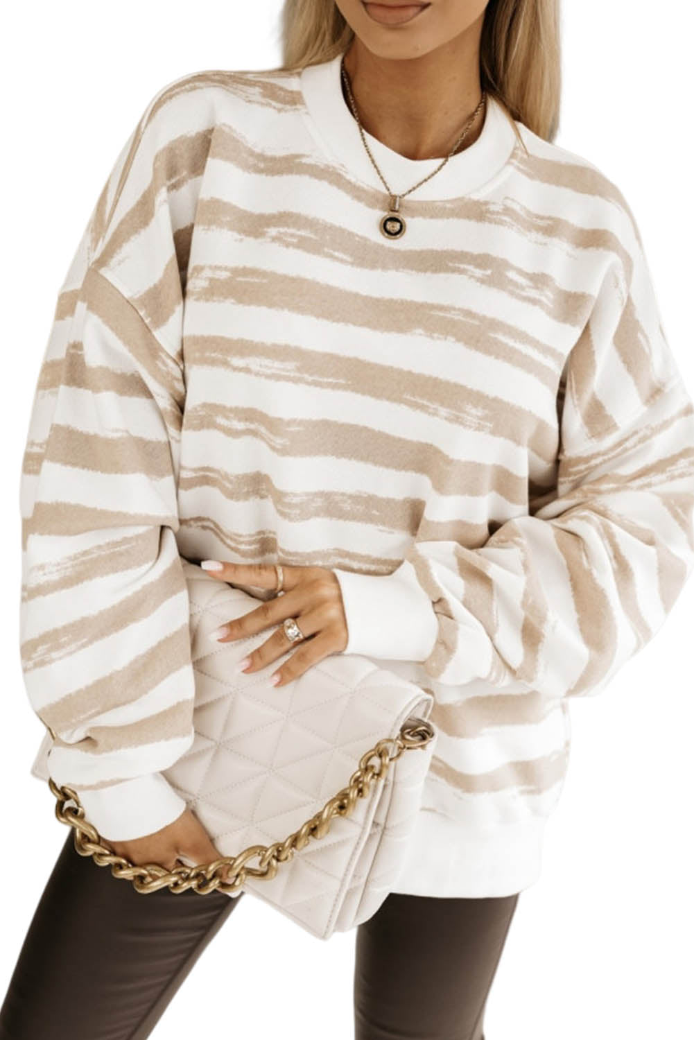 Hellrosa, übergroßes, gestreiftes Pullover-Sweatshirt mit Bischofsärmeln