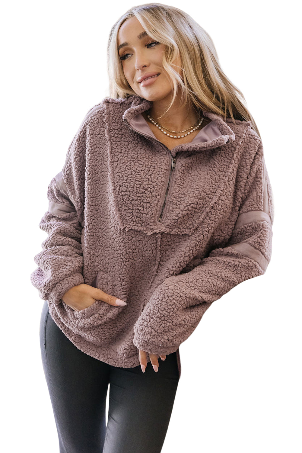 Flauschiges Pullover-Sweatshirt in Staubrosa mit Kragen und halbem Reißverschluss