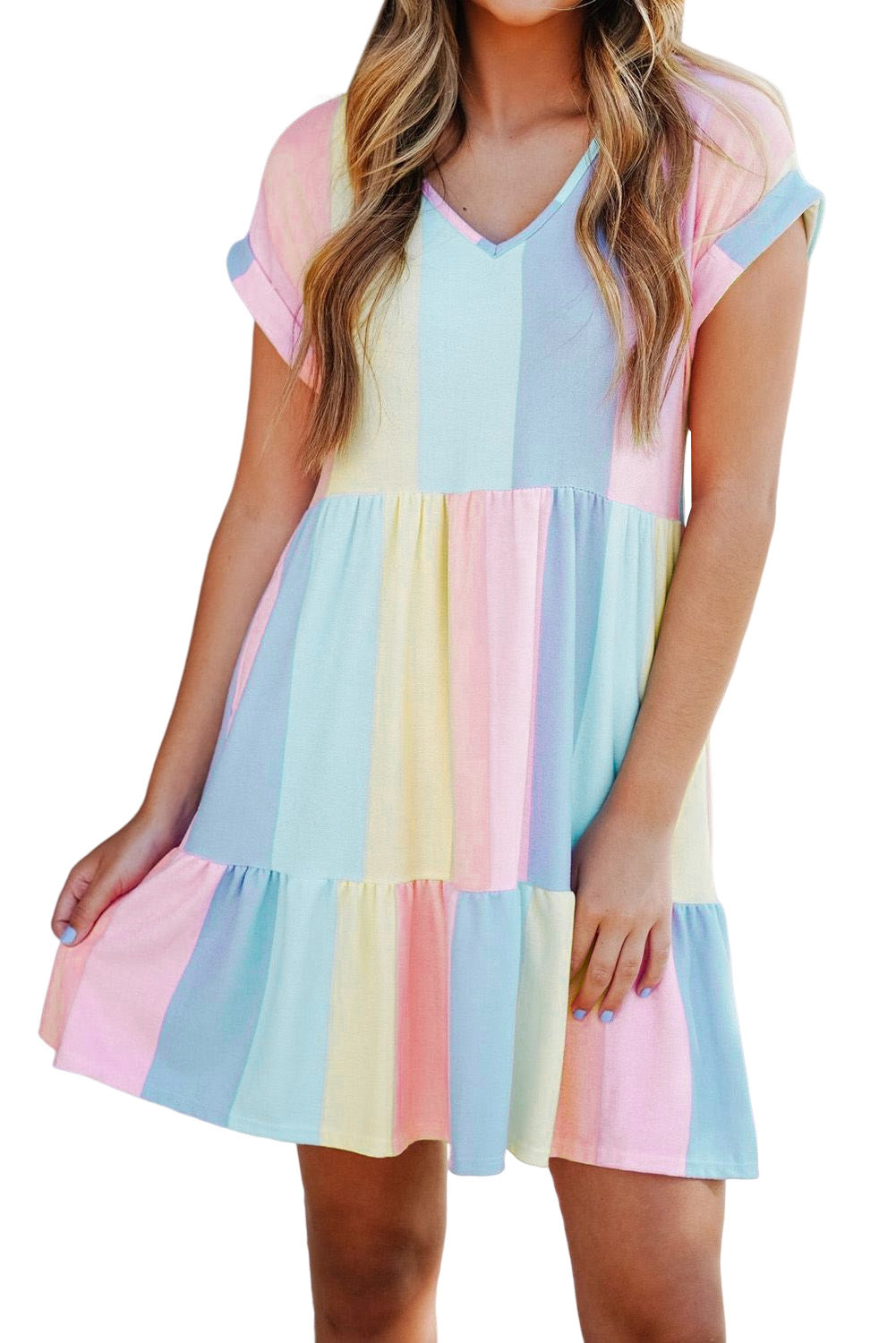 Višeslojna mini haljina s višestrukim prugama u boji