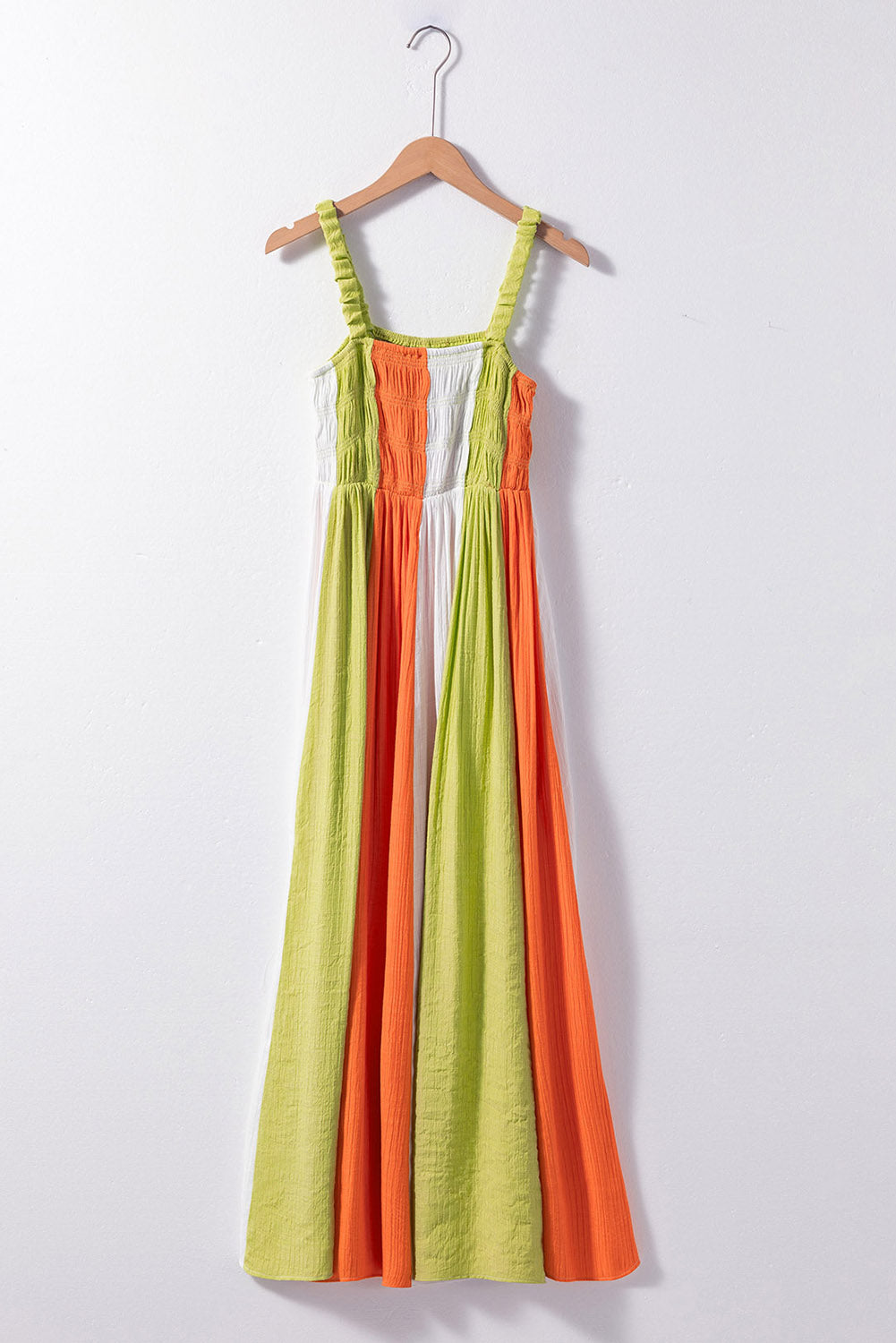 Robe longue évasée taille haute froncée bloc de couleur vert