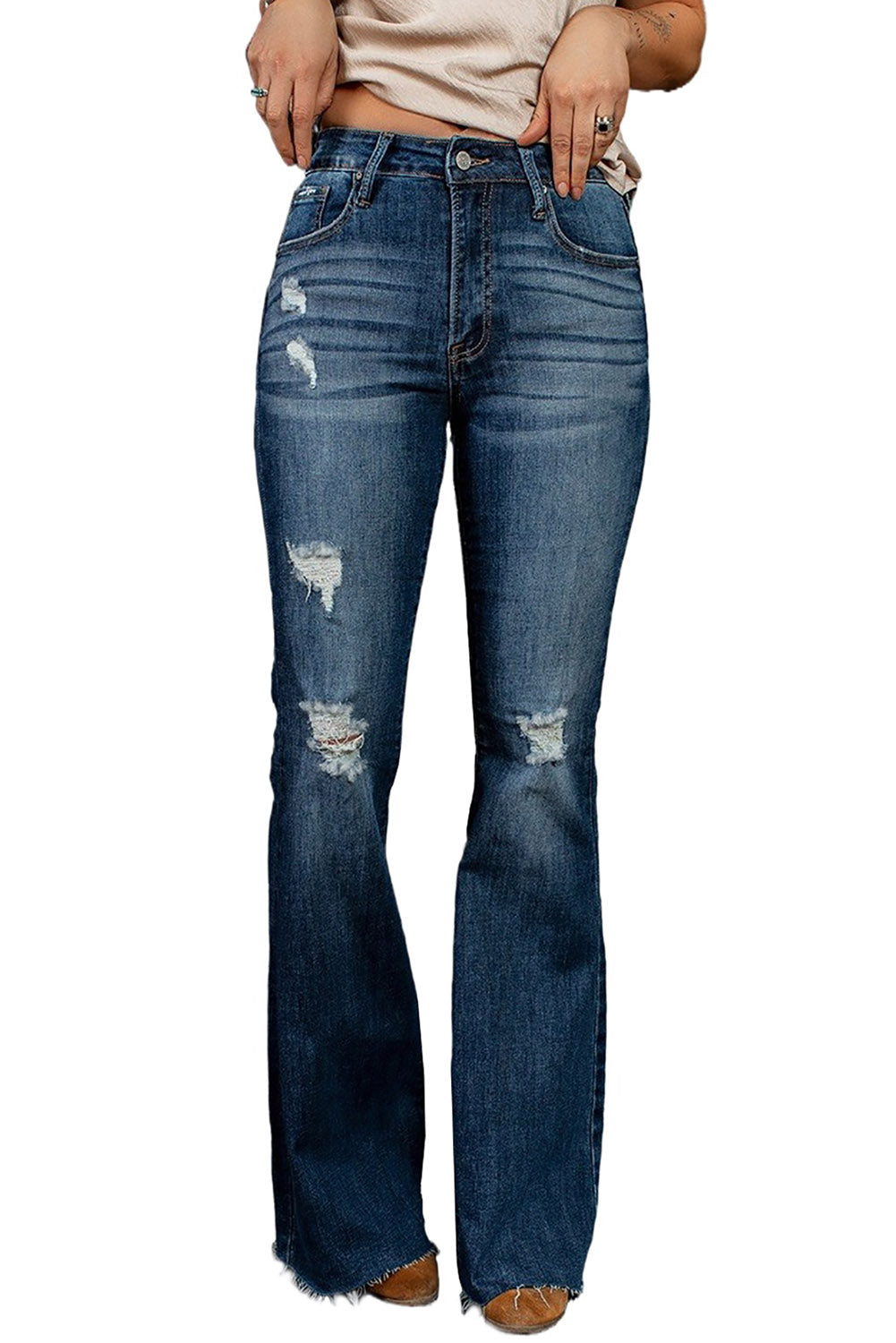 Himmelblaue, mittelhohe Flare-Jeans in dunkler Waschung