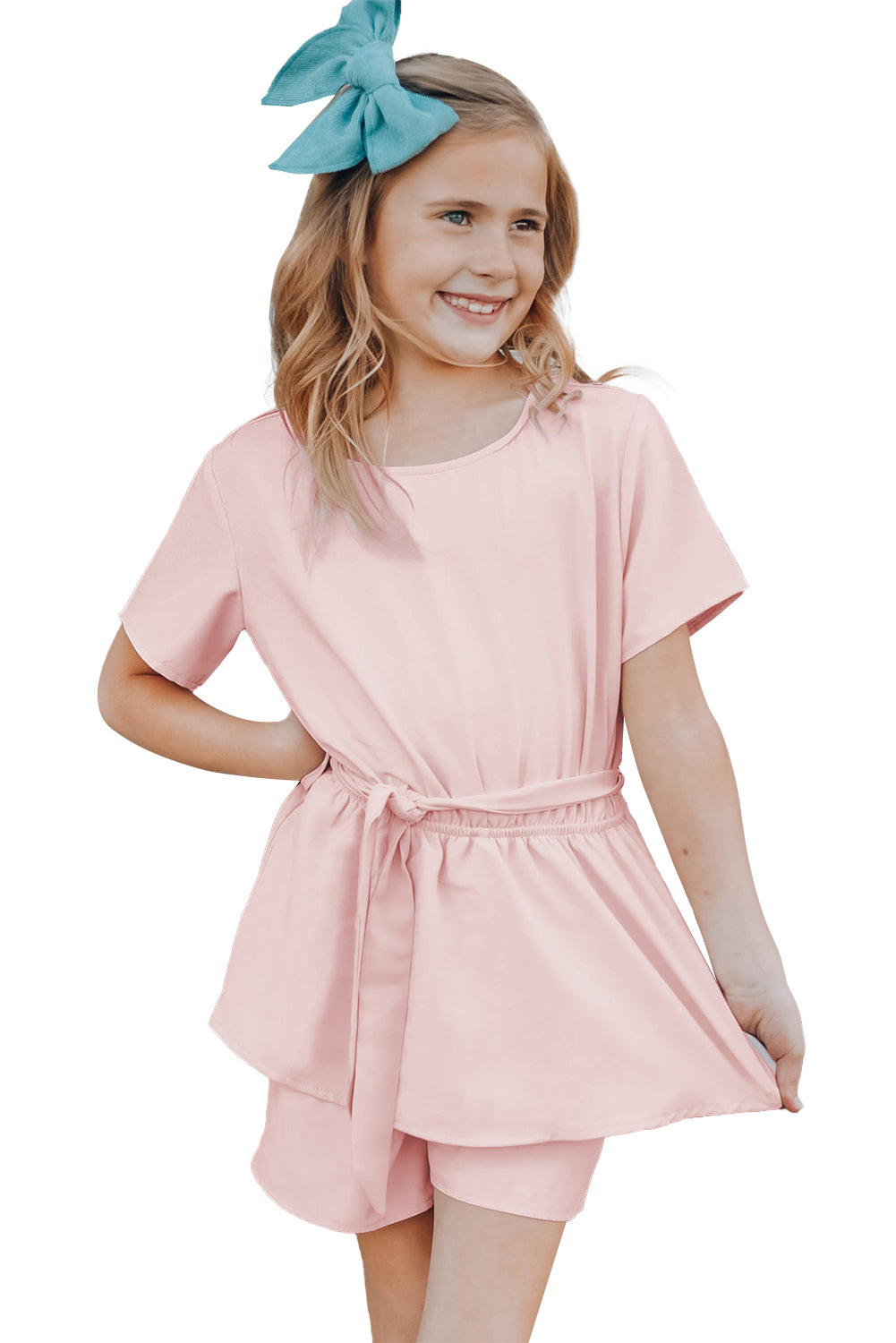 Pink Keyhole Back Belted Peplum Girls Romper