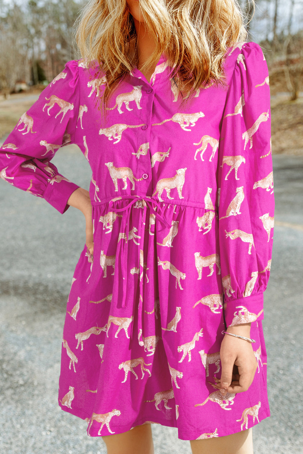 Robe chemise tunique à cordon de serrage imprimé guépard rose