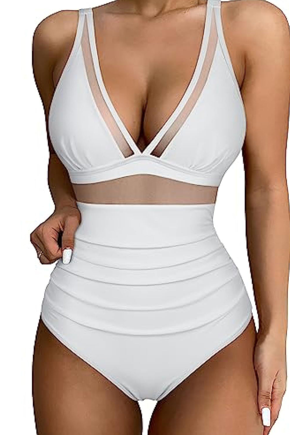 Weißer Monokini mit Netzeinsatz und V-Ausschnitt und hoher Taille