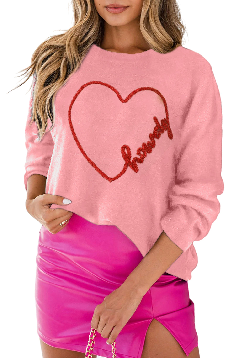 Pull décontracté à col rond rose Howdy Heart Graphic