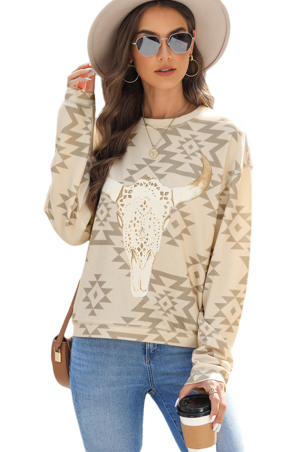 Azteken-Pullover-Sweatshirt mit Pergament-Steer-Head-Grafik