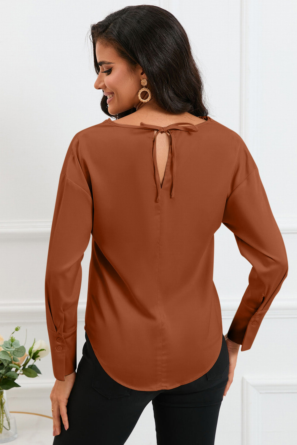 Brown Cowl Neck Long Sleeve Elegant Blouse