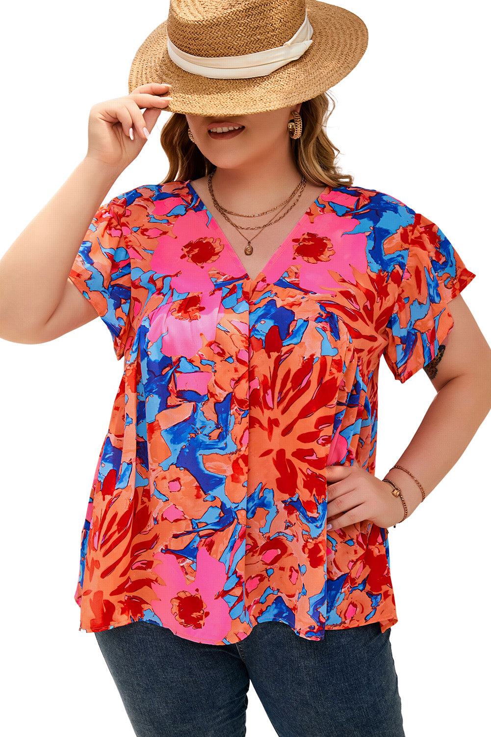 Fiery Red Abstract Floral Print V Neck Plus Blouse