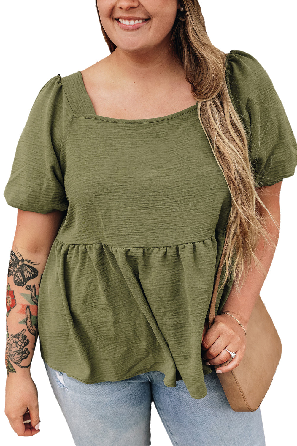 Jungle Green Solid Short Sleeve Square Neck Plus Babydoll Top