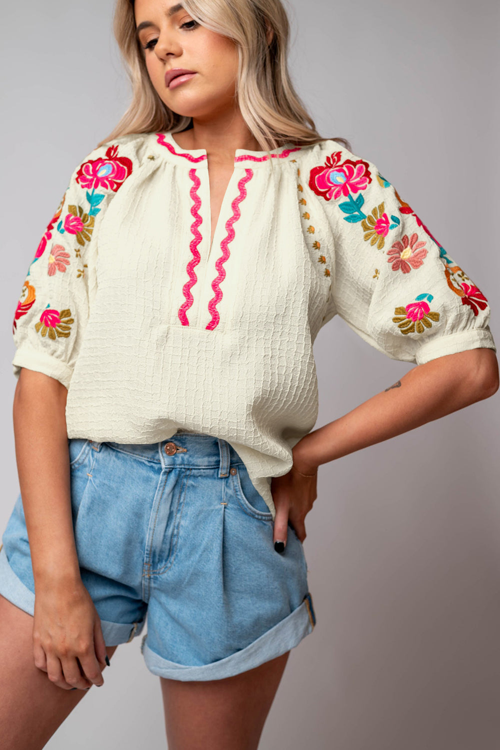 Beige Floral Embroidered Ricrac Puff Sleeve Textured Blouse