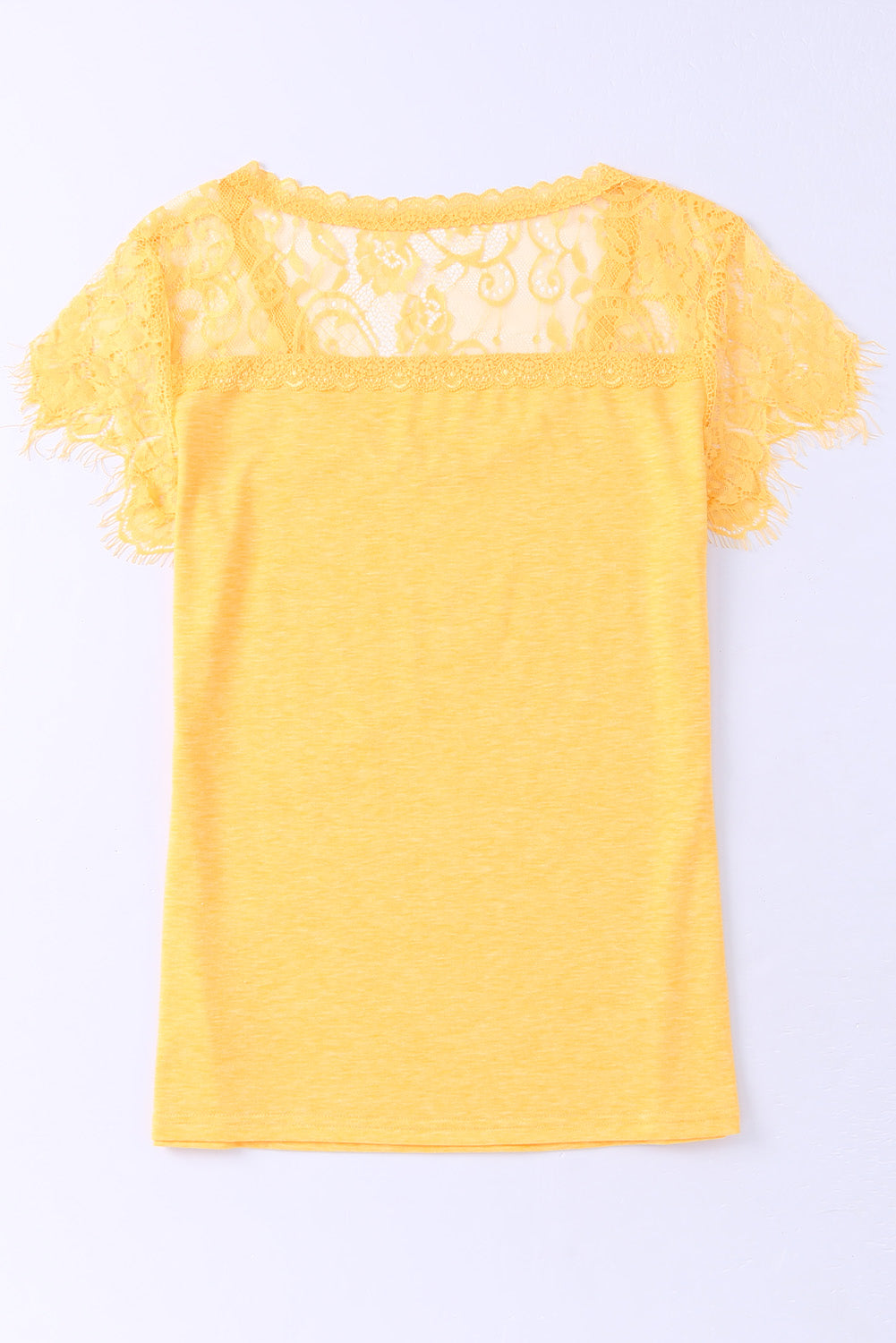 Gelbes Spitzen-Häkel-T-Shirt mit kurzen Ärmeln und U-Ausschnitt