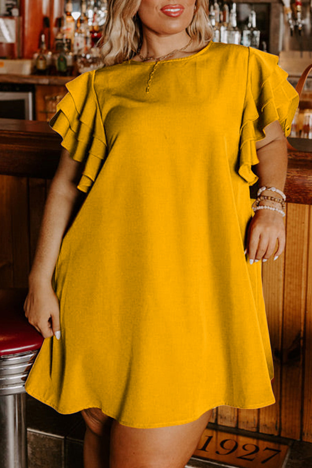 Grejpfrut narančasta mini haljina s naboranim rukavima u više veličina