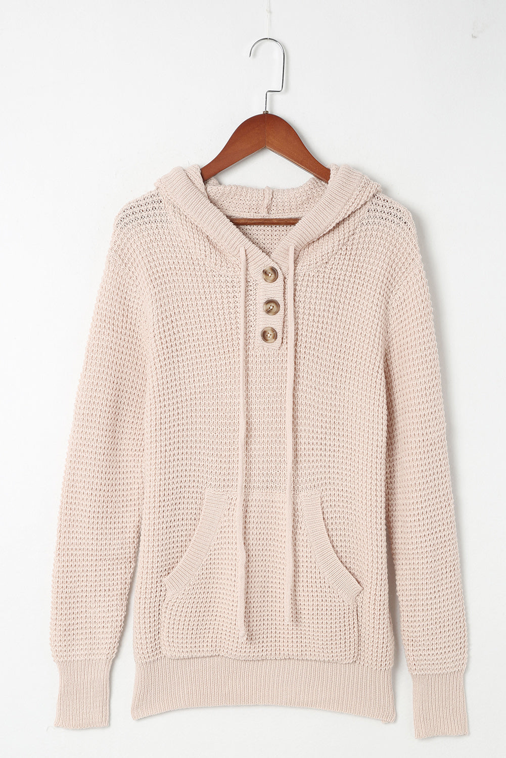 Apricot Waffle Knit Buttons Hooded Sweater with Pocket