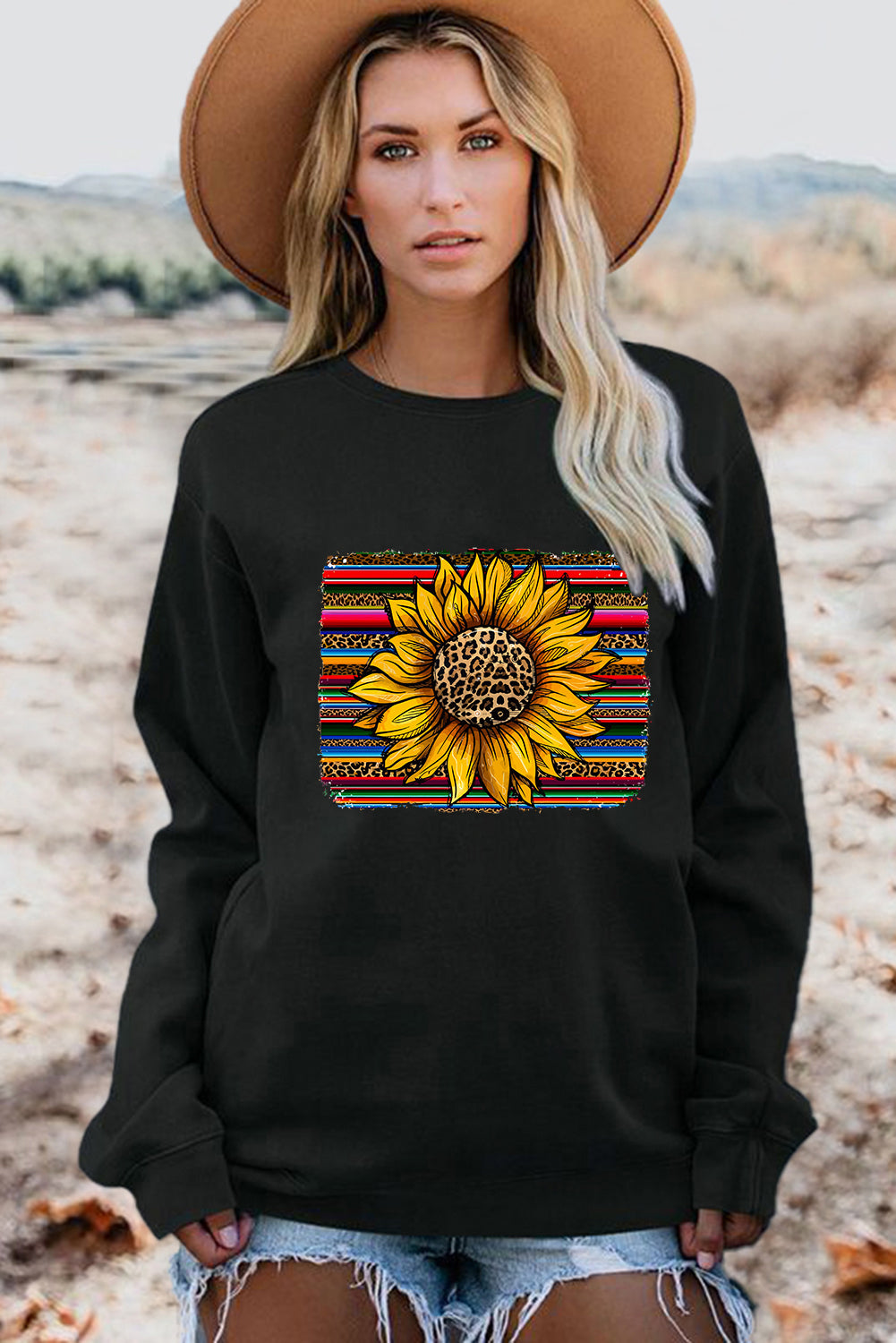 Black Leopard Striped Sunflower Print Pullover Sweatshirt